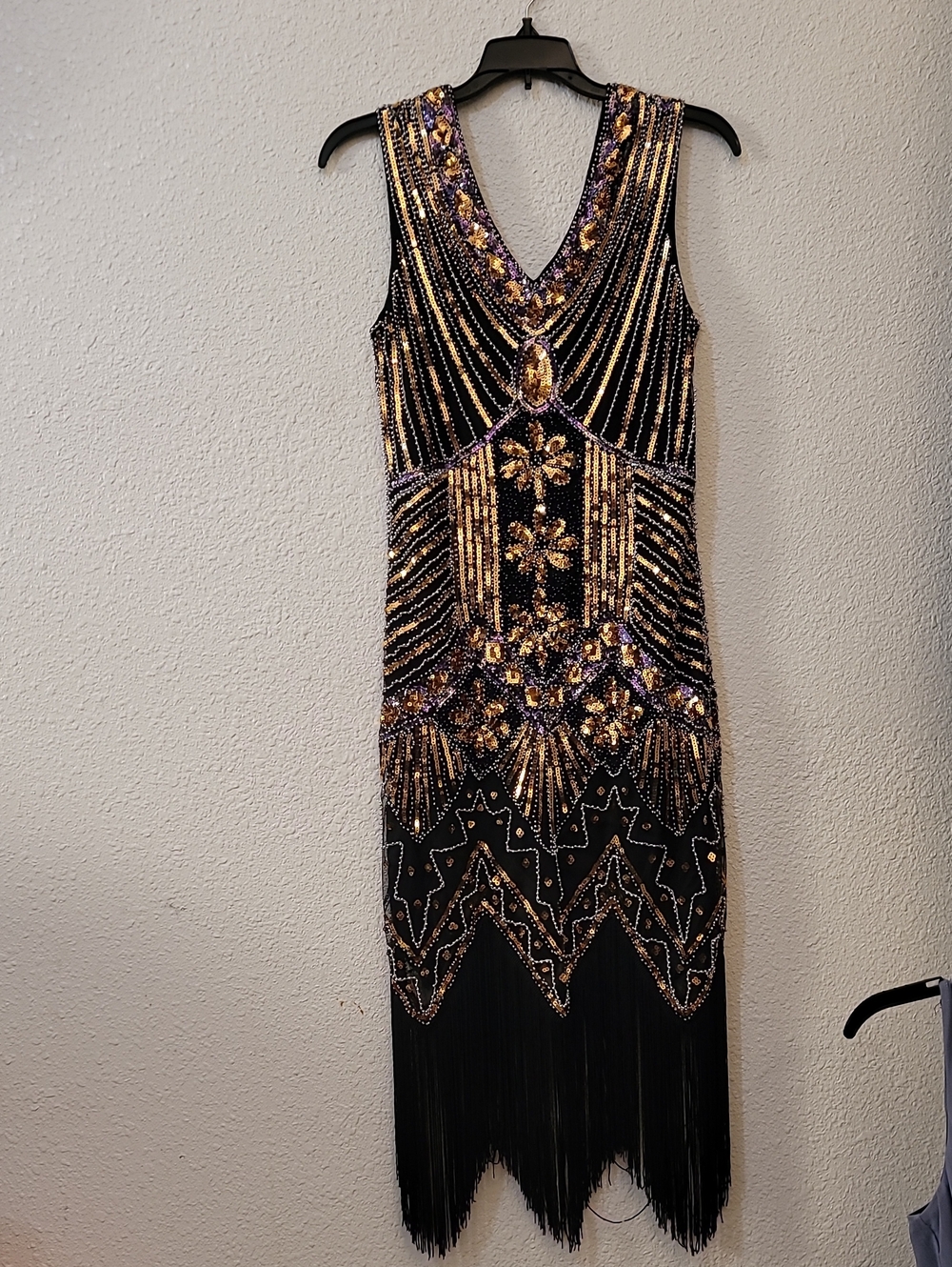 Black Bead-Embellished Midi Dress with Gold & Purple Accents